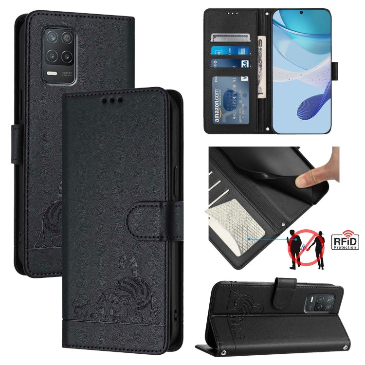 Cat Rat Embossed Pattern RFID Leather Phone Case with Lanyard, For Realme V23, For Realme Q5i, For Realme GT NEO3, For Realme 8 5G / 9 5G India, For Realme V13 5G / Q3 5G, For Realme Q3i 5G, For Realme 9 5G EU Version, For Realme 9 Pro 5G Global