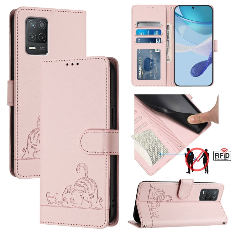 Cat Rat Embossed Pattern RFID Leather Phone Case with Lanyard, For Realme V23, For Realme Q5i, For Realme GT NEO3, For Realme 8 5G / 9 5G India, For Realme V13 5G / Q3 5G, For Realme Q3i 5G, For Realme 9 5G EU Version, For Realme 9 Pro 5G Global