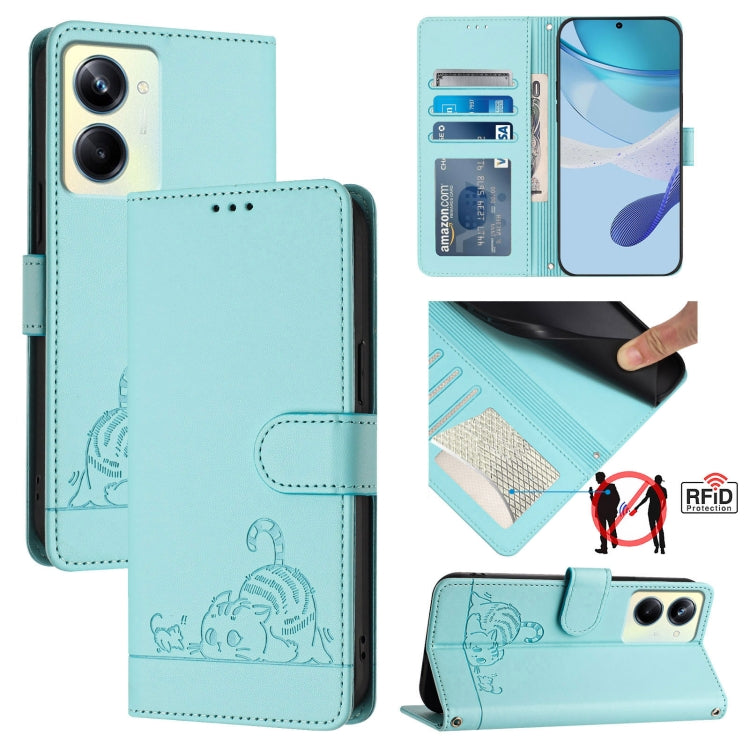 Cat Rat Embossed Pattern RFID Leather Phone Case with Lanyard, For Realme C55 4G Global, For Realme Narzo N55, For Realme C33 2022 Global, For Realme C33 2023 Global, For Realme 10T 5G / 10S 5G, For Realme GT3 5G / GT Neo 5 240W, For Realme 10 Pro 5G  ...