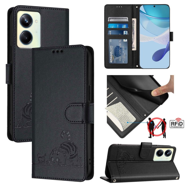 Cat Rat Embossed Pattern RFID Leather Phone Case with Lanyard, For Realme C55 4G Global, For Realme Narzo N55, For Realme C33 2022 Global, For Realme C33 2023 Global, For Realme 10T 5G / 10S 5G, For Realme GT3 5G / GT Neo 5 240W, For Realme 10 Pro 5G  ...