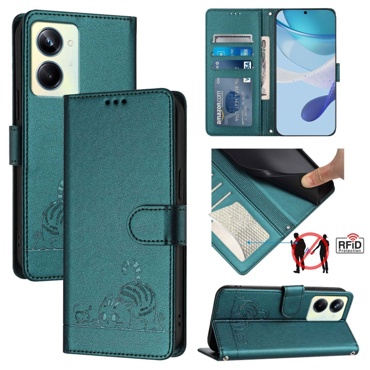 Cat Rat Embossed Pattern RFID Leather Phone Case with Lanyard, For Realme C55 4G Global, For Realme Narzo N55, For Realme C33 2022 Global, For Realme C33 2023 Global, For Realme 10T 5G / 10S 5G, For Realme GT3 5G / GT Neo 5 240W, For Realme 10 Pro 5G  ...