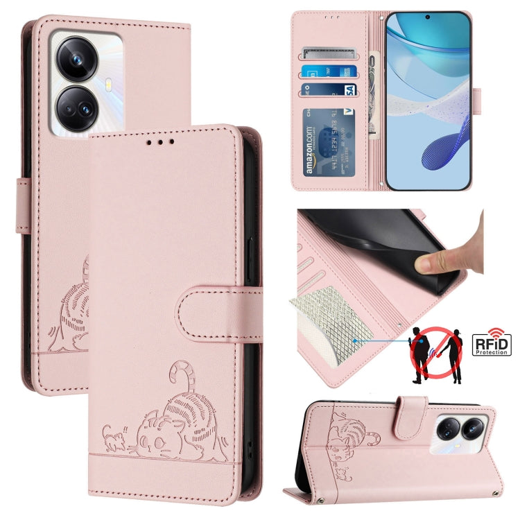 Cat Rat Embossed Pattern RFID Leather Phone Case with Lanyard, For Realme C55 4G Global, For Realme Narzo N55, For Realme C33 2022 Global, For Realme C33 2023 Global, For Realme 10T 5G / 10S 5G, For Realme GT3 5G / GT Neo 5 240W, For Realme 10 Pro 5G  ...