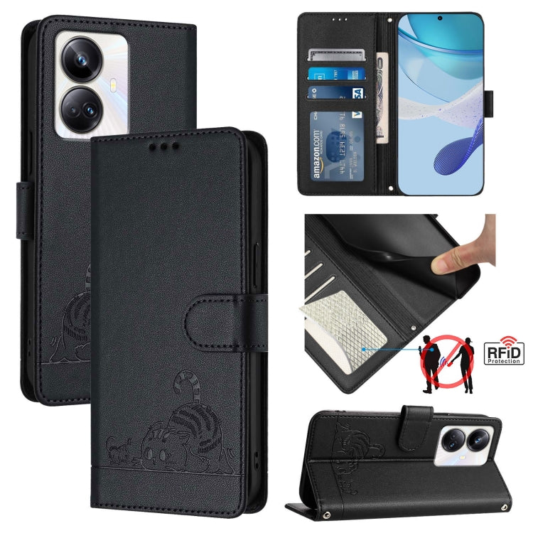Cat Rat Embossed Pattern RFID Leather Phone Case with Lanyard, For Realme C55 4G Global, For Realme Narzo N55, For Realme C33 2022 Global, For Realme C33 2023 Global, For Realme 10T 5G / 10S 5G, For Realme GT3 5G / GT Neo 5 240W, For Realme 10 Pro 5G  ...