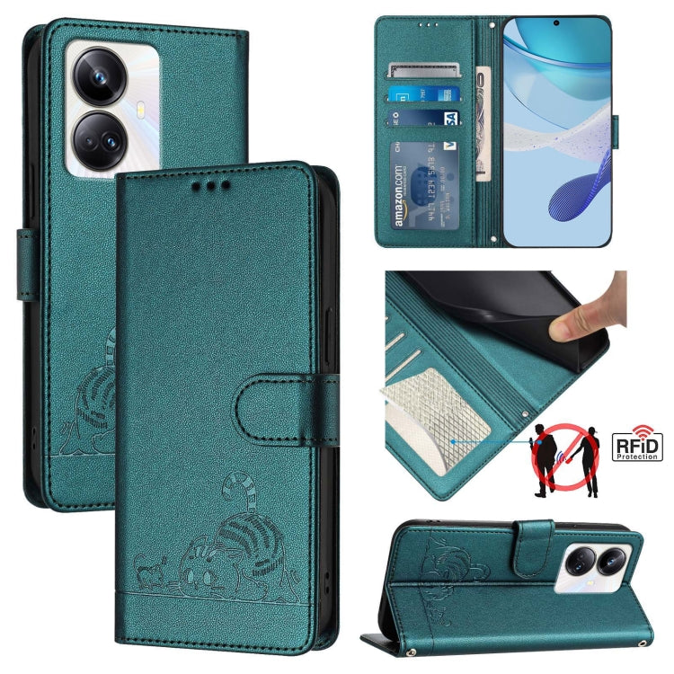 Cat Rat Embossed Pattern RFID Leather Phone Case with Lanyard, For Realme C55 4G Global, For Realme Narzo N55, For Realme C33 2022 Global, For Realme C33 2023 Global, For Realme 10T 5G / 10S 5G, For Realme GT3 5G / GT Neo 5 240W, For Realme 10 Pro 5G  ...