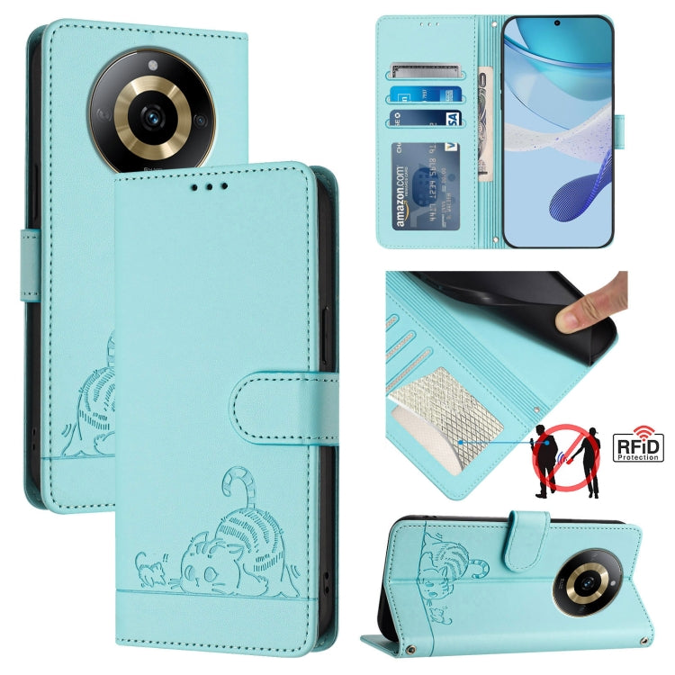 Cat Rat Embossed Pattern RFID Leather Phone Case with Lanyard, For Realme C67 4G Global, For Realme 11 5G Global / 11X 5G, For Realme C67 5G India, For Realme Narzo 60x 5G Global, For Realme 11 4G Global, For Realme GT5 5G 240W / GT5 5G                ...