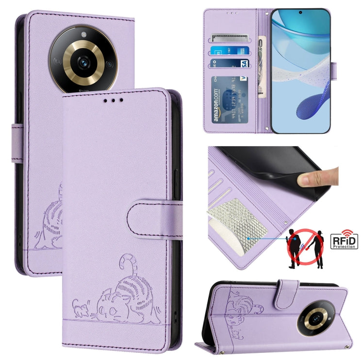 Cat Rat Embossed Pattern RFID Leather Phone Case with Lanyard, For Realme C67 4G Global, For Realme 11 5G Global / 11X 5G, For Realme C67 5G India, For Realme Narzo 60x 5G Global, For Realme 11 4G Global, For Realme GT5 5G 240W / GT5 5G                ...