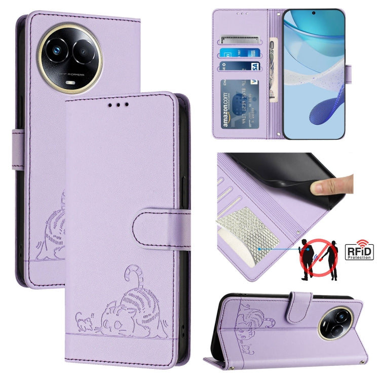 Cat Rat Embossed Pattern RFID Leather Phone Case with Lanyard, For Realme C67 4G Global, For Realme 11 5G Global / 11X 5G, For Realme C67 5G India, For Realme Narzo 60x 5G Global, For Realme 11 4G Global, For Realme GT5 5G 240W / GT5 5G                ...