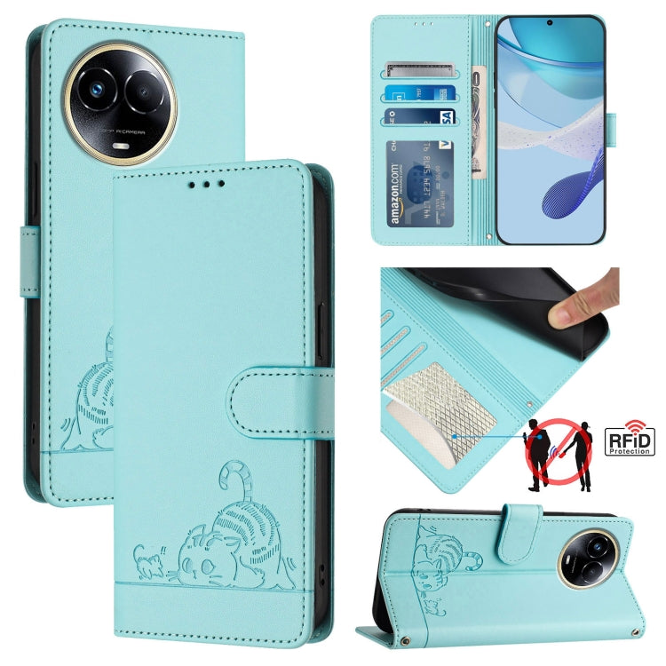 Cat Rat Embossed Pattern RFID Leather Phone Case with Lanyard, For Realme C67 4G Global, For Realme 11 5G Global / 11X 5G, For Realme C67 5G India, For Realme Narzo 60x 5G Global, For Realme 11 4G Global, For Realme GT5 5G 240W / GT5 5G                ...