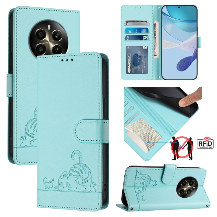 Cat Rat Embossed Pattern RFID Leather Phone Case with Lanyard, For Realme 12+ 5G Global, For Realme Narzo 70 Pro 5G India, For Realme 12 5G Global, For Realme Note 50 4G Global, For Realme C51 4G / C53 4G Global, For Realme Narzo N53 4G Global         ...