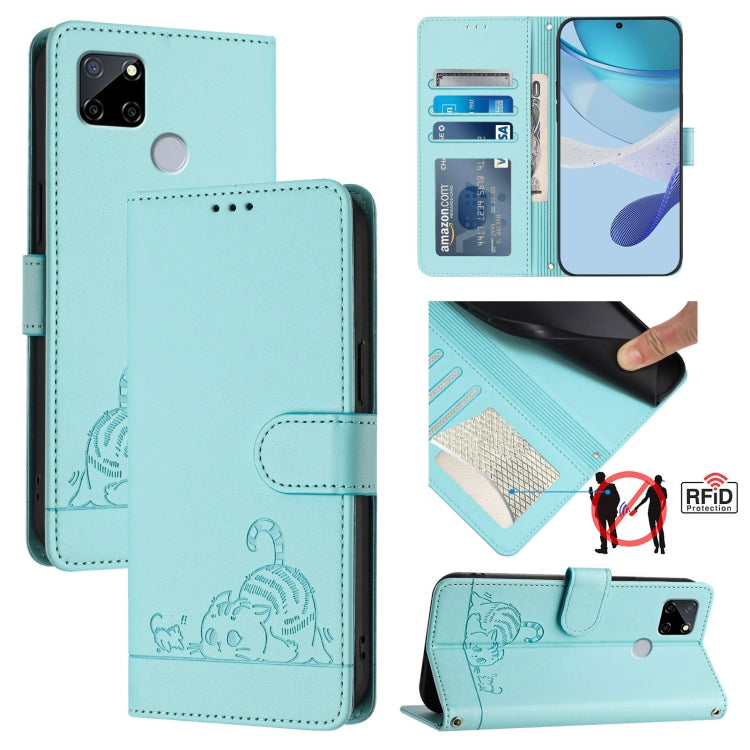 Cat Rat Embossed Pattern RFID Leather Phone Case with Lanyard, For Realme 9i 4G, For Realme Narzo 50, For Realme C20 / C11 2021 / C21, For Realme C21Y, For Realme C25 / C15 / C12, For Realme C25S / 7i Global, For Realme 8 4G / 8 Pro 4G                 ...