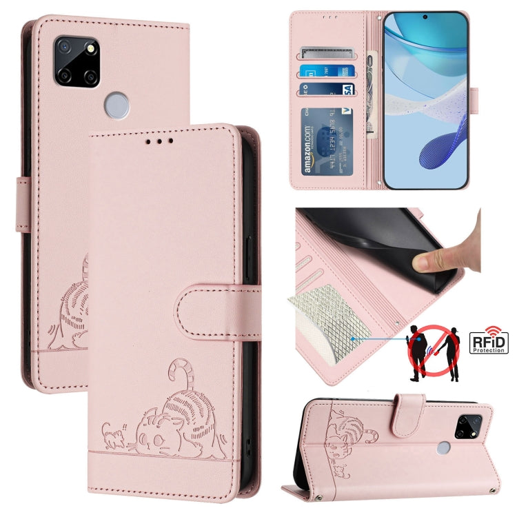 Cat Rat Embossed Pattern RFID Leather Phone Case with Lanyard, For Realme 9i 4G, For Realme Narzo 50, For Realme C20 / C11 2021 / C21, For Realme C21Y, For Realme C25 / C15 / C12, For Realme C25S / 7i Global, For Realme 8 4G / 8 Pro 4G                 ...
