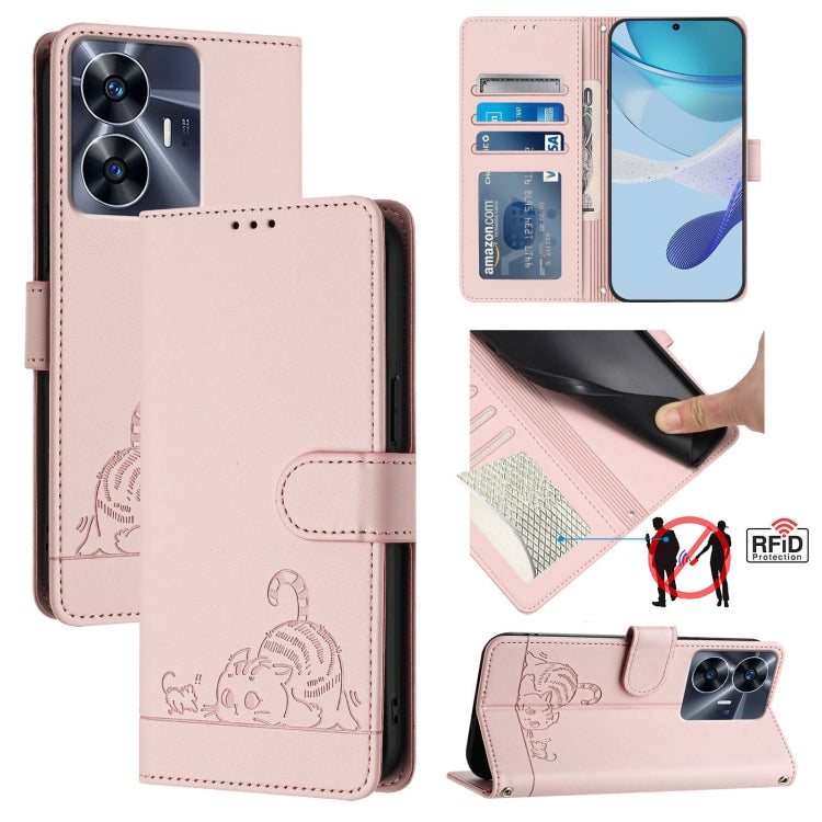 Cat Rat Embossed Pattern RFID Leather Phone Case with Lanyard, For Realme C55 4G Global, For Realme Narzo N55, For Realme C33 2022 Global, For Realme C33 2023 Global, For Realme 10T 5G / 10S 5G, For Realme GT3 5G / GT Neo 5 240W, For Realme 10 Pro 5G  ...