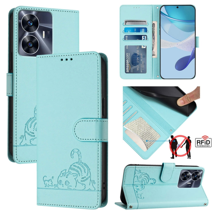 Cat Rat Embossed Pattern RFID Leather Phone Case with Lanyard, For Realme C55 4G Global, For Realme Narzo N55, For Realme C33 2022 Global, For Realme C33 2023 Global, For Realme 10T 5G / 10S 5G, For Realme GT3 5G / GT Neo 5 240W, For Realme 10 Pro 5G  ...