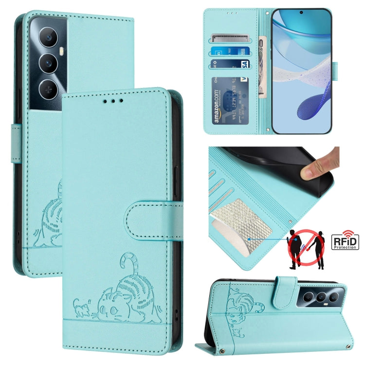 Cat Rat Embossed Pattern RFID Leather Phone Case with Lanyard, For Realme C67 4G Global, For Realme 11 5G Global / 11X 5G, For Realme C67 5G India, For Realme Narzo 60x 5G Global, For Realme 11 4G Global, For Realme GT5 5G 240W / GT5 5G                ...