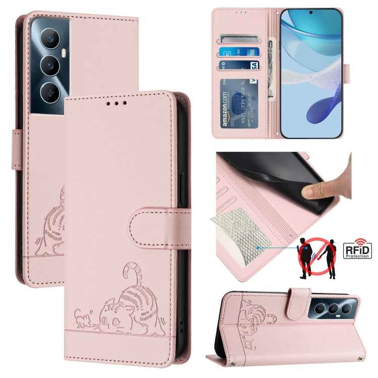 Cat Rat Embossed Pattern RFID Leather Phone Case with Lanyard, For Realme C67 4G Global, For Realme 11 5G Global / 11X 5G, For Realme C67 5G India, For Realme Narzo 60x 5G Global, For Realme 11 4G Global, For Realme GT5 5G 240W / GT5 5G                ...