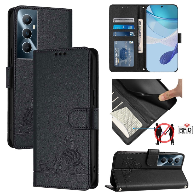Cat Rat Embossed Pattern RFID Leather Phone Case with Lanyard, For Realme C67 4G Global, For Realme 11 5G Global / 11X 5G, For Realme C67 5G India, For Realme Narzo 60x 5G Global, For Realme 11 4G Global, For Realme GT5 5G 240W / GT5 5G                ...