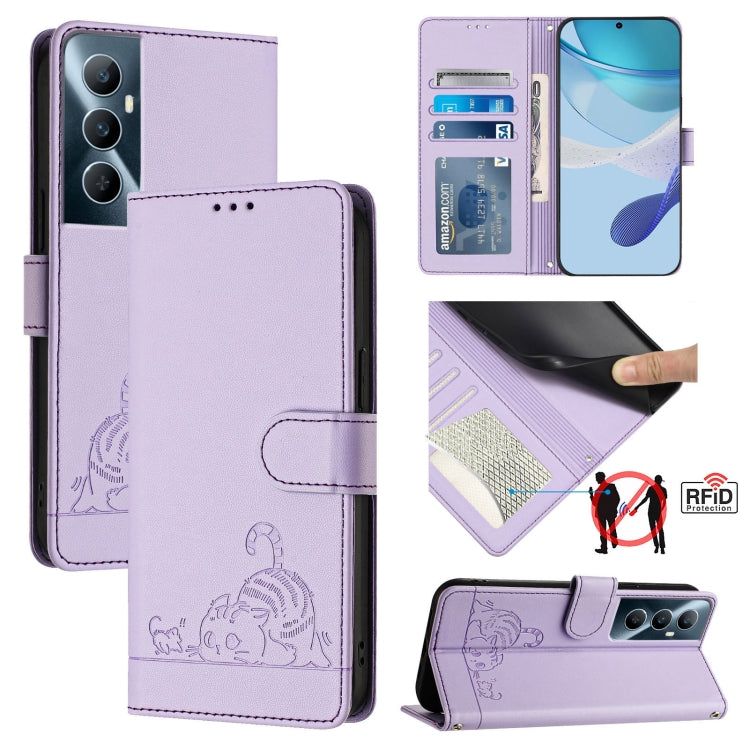Cat Rat Embossed Pattern RFID Leather Phone Case with Lanyard, For Realme C67 4G Global, For Realme 11 5G Global / 11X 5G, For Realme C67 5G India, For Realme Narzo 60x 5G Global, For Realme 11 4G Global, For Realme GT5 5G 240W / GT5 5G                ...