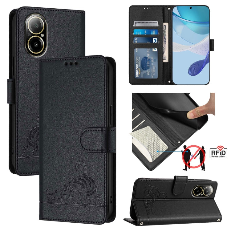 Cat Rat Embossed Pattern RFID Leather Phone Case with Lanyard, For Realme C67 4G Global, For Realme 11 5G Global / 11X 5G, For Realme C67 5G India, For Realme Narzo 60x 5G Global, For Realme 11 4G Global, For Realme GT5 5G 240W / GT5 5G                ...