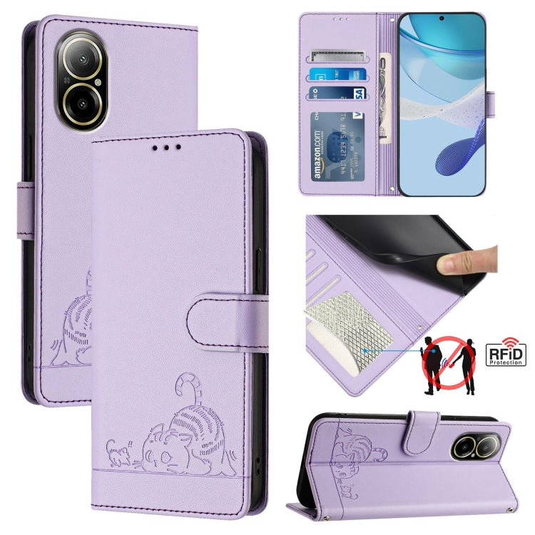 Cat Rat Embossed Pattern RFID Leather Phone Case with Lanyard, For Realme C67 4G Global, For Realme 11 5G Global / 11X 5G, For Realme C67 5G India, For Realme Narzo 60x 5G Global, For Realme 11 4G Global, For Realme GT5 5G 240W / GT5 5G                ...