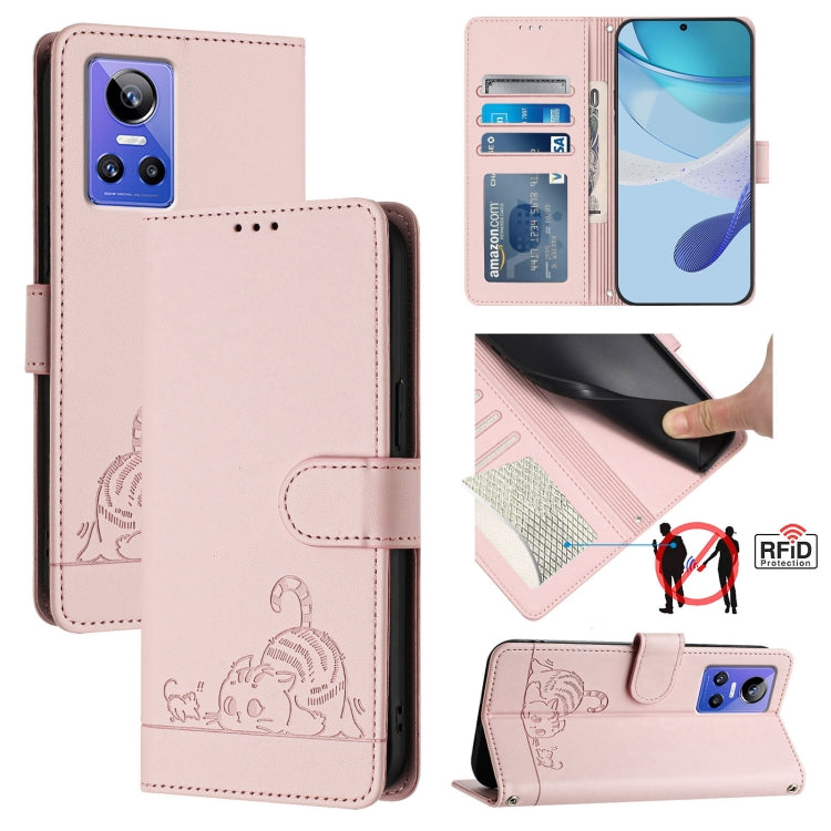 Cat Rat Embossed Pattern RFID Leather Phone Case with Lanyard, For Realme V23, For Realme Q5i, For Realme GT NEO3, For Realme 8 5G / 9 5G India, For Realme V13 5G / Q3 5G, For Realme Q3i 5G, For Realme 9 5G EU Version, For Realme 9 Pro 5G Global