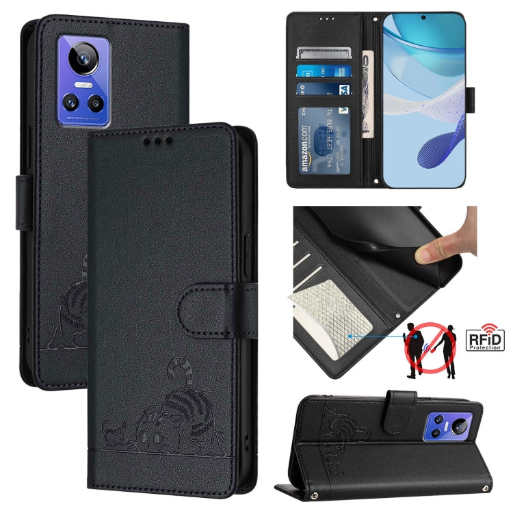 Cat Rat Embossed Pattern RFID Leather Phone Case with Lanyard, For Realme V23, For Realme Q5i, For Realme GT NEO3, For Realme 8 5G / 9 5G India, For Realme V13 5G / Q3 5G, For Realme Q3i 5G, For Realme 9 5G EU Version, For Realme 9 Pro 5G Global