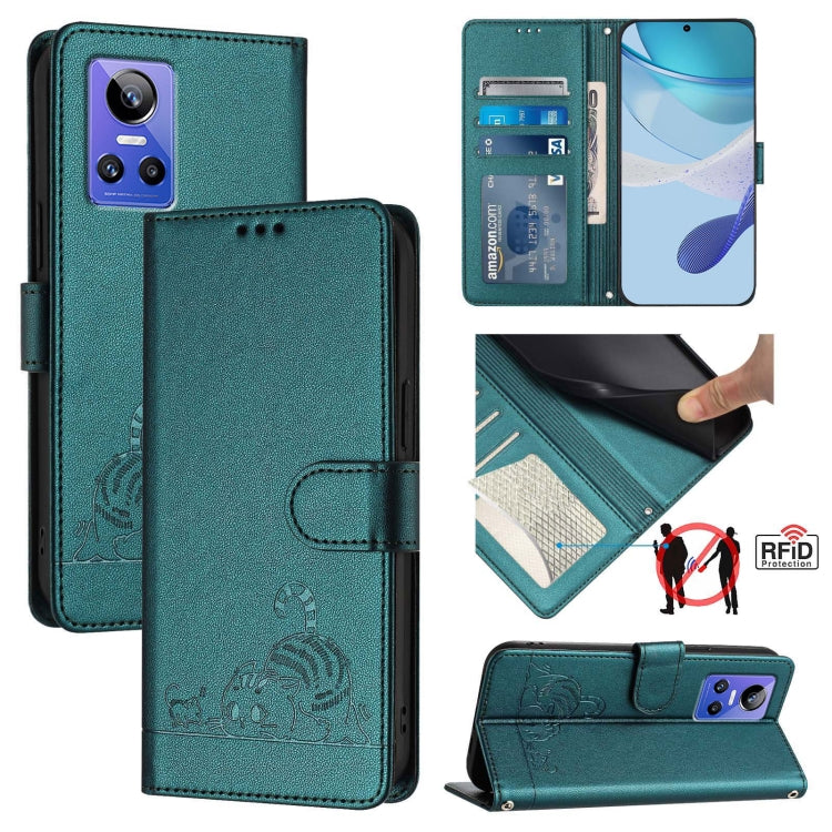 Cat Rat Embossed Pattern RFID Leather Phone Case with Lanyard, For Realme V23, For Realme Q5i, For Realme GT NEO3, For Realme 8 5G / 9 5G India, For Realme V13 5G / Q3 5G, For Realme Q3i 5G, For Realme 9 5G EU Version, For Realme 9 Pro 5G Global