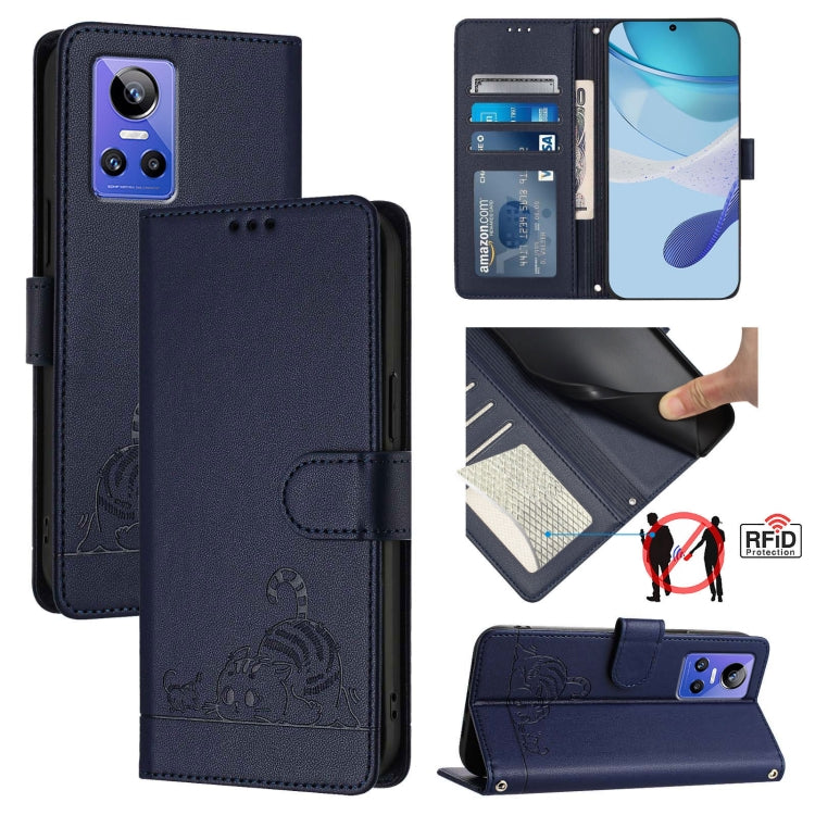 Cat Rat Embossed Pattern RFID Leather Phone Case with Lanyard, For Realme V23, For Realme Q5i, For Realme GT NEO3, For Realme 8 5G / 9 5G India, For Realme V13 5G / Q3 5G, For Realme Q3i 5G, For Realme 9 5G EU Version, For Realme 9 Pro 5G Global
