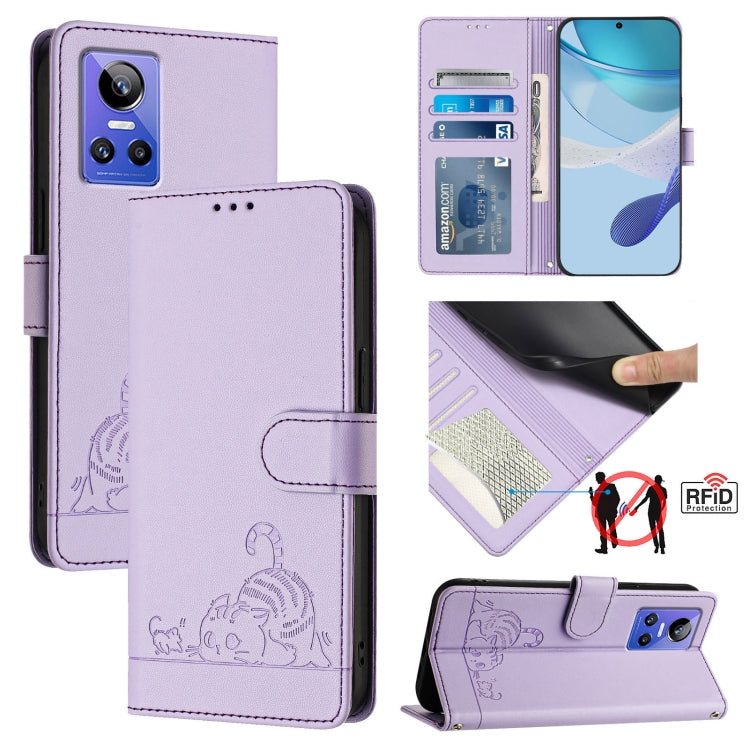 Cat Rat Embossed Pattern RFID Leather Phone Case with Lanyard, For Realme V23, For Realme Q5i, For Realme GT NEO3, For Realme 8 5G / 9 5G India, For Realme V13 5G / Q3 5G, For Realme Q3i 5G, For Realme 9 5G EU Version, For Realme 9 Pro 5G Global
