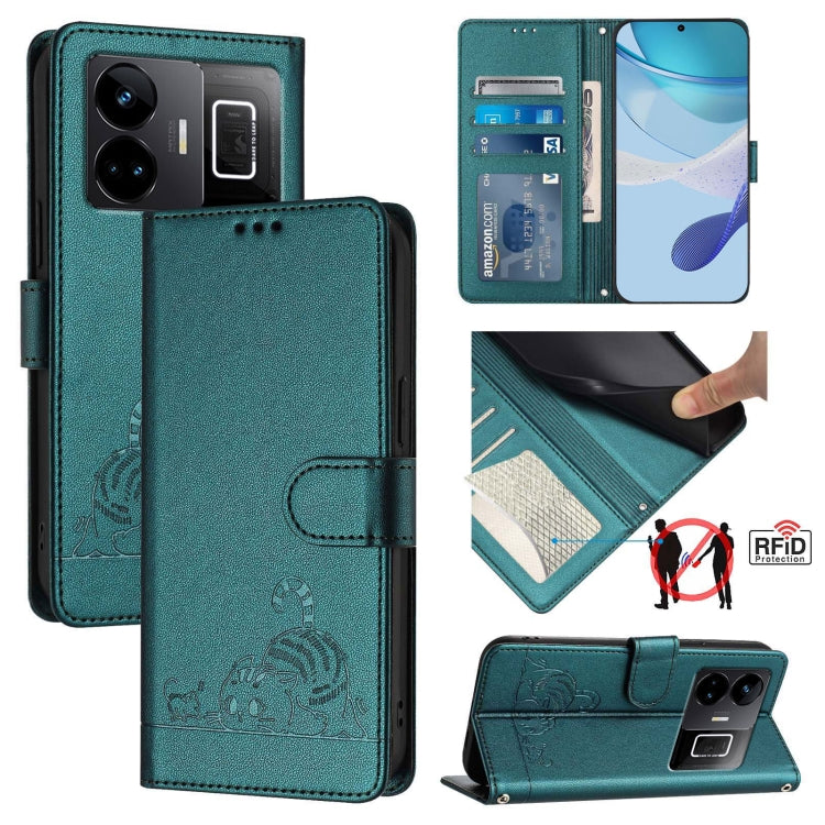 Cat Rat Embossed Pattern RFID Leather Phone Case with Lanyard, For Realme C55 4G Global, For Realme Narzo N55, For Realme C33 2022 Global, For Realme C33 2023 Global, For Realme 10T 5G / 10S 5G, For Realme GT3 5G / GT Neo 5 240W, For Realme 10 Pro 5G  ...