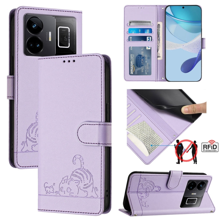 Cat Rat Embossed Pattern RFID Leather Phone Case with Lanyard, For Realme C55 4G Global, For Realme Narzo N55, For Realme C33 2022 Global, For Realme C33 2023 Global, For Realme 10T 5G / 10S 5G, For Realme GT3 5G / GT Neo 5 240W, For Realme 10 Pro 5G  ...