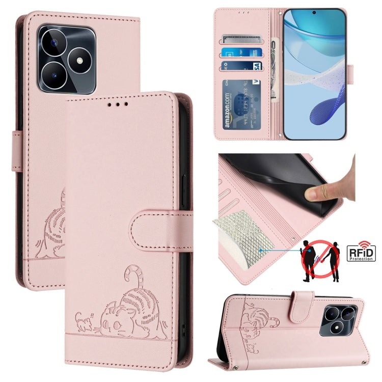 Cat Rat Embossed Pattern RFID Leather Phone Case with Lanyard, For Realme 12+ 5G Global, For Realme Narzo 70 Pro 5G India, For Realme 12 5G Global, For Realme Note 50 4G Global, For Realme C51 4G / C53 4G Global, For Realme Narzo N53 4G Global         ...