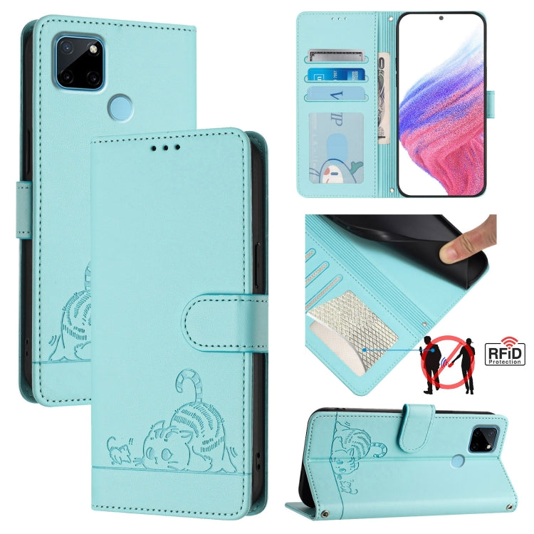 Cat Rat Embossed Pattern RFID Leather Phone Case with Lanyard, For Realme 9i 4G, For Realme Narzo 50, For Realme C20 / C11 2021 / C21, For Realme C21Y, For Realme C25 / C15 / C12, For Realme C25S / 7i Global, For Realme 8 4G / 8 Pro 4G                 ...