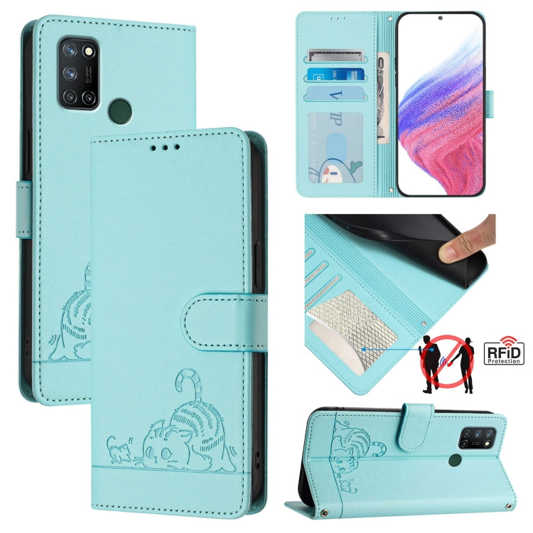 Cat Rat Embossed Pattern RFID Leather Phone Case with Lanyard, For Realme V11 5G, For Realme C17 / 7i