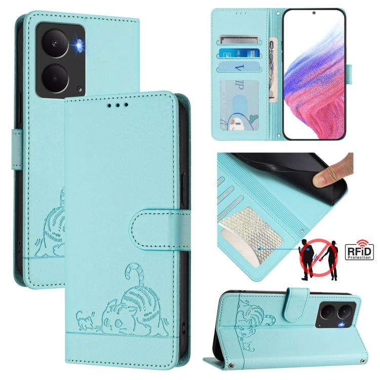 Cat Rat Embossed Pattern RFID Leather Phone Case with Lanyard, For Realme C71 4G Global, For Realme Neo7 Turbo 5G, For Realme V70 / 14x Global / C75 5G, For Realme Narzo 80 Pro / 14 Pro 5G India, For Realme 14 5G Global / P3 5G India                   ...