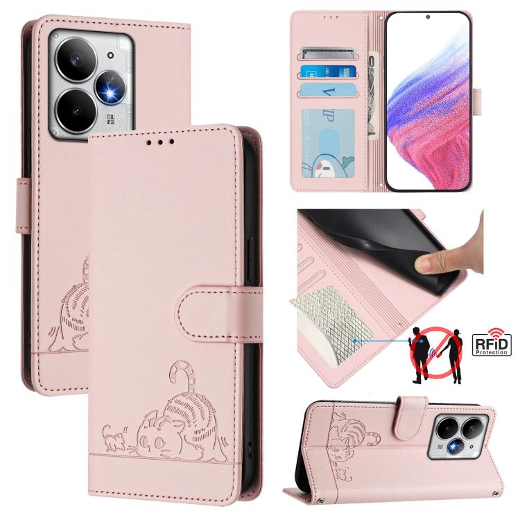 Cat Rat Embossed Pattern RFID Leather Phone Case with Lanyard, For Realme C71 4G Global, For Realme Neo7 Turbo 5G, For Realme V70 / 14x Global / C75 5G, For Realme Narzo 80 Pro / 14 Pro 5G India, For Realme 14 5G Global / P3 5G India                   ...