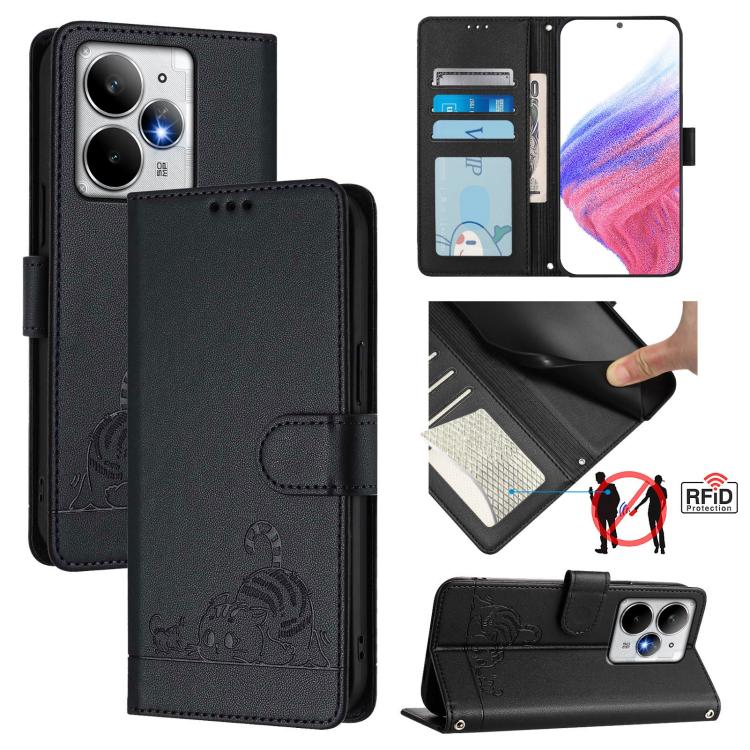 Cat Rat Embossed Pattern RFID Leather Phone Case with Lanyard, For Realme C71 4G Global, For Realme Neo7 Turbo 5G, For Realme V70 / 14x Global / C75 5G, For Realme Narzo 80 Pro / 14 Pro 5G India, For Realme 14 5G Global / P3 5G India                   ...
