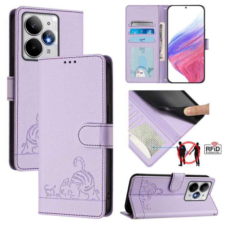 Cat Rat Embossed Pattern RFID Leather Phone Case with Lanyard, For Realme C71 4G Global, For Realme Neo7 Turbo 5G, For Realme V70 / 14x Global / C75 5G, For Realme Narzo 80 Pro / 14 Pro 5G India, For Realme 14 5G Global / P3 5G India                   ...