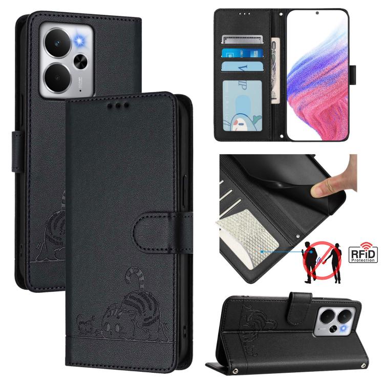 Cat Rat Embossed Pattern RFID Leather Phone Case with Lanyard, For Realme C71 4G Global, For Realme Neo7 Turbo 5G, For Realme V70 / 14x Global / C75 5G, For Realme Narzo 80 Pro / 14 Pro 5G India, For Realme 14 5G Global / P3 5G India                   ...