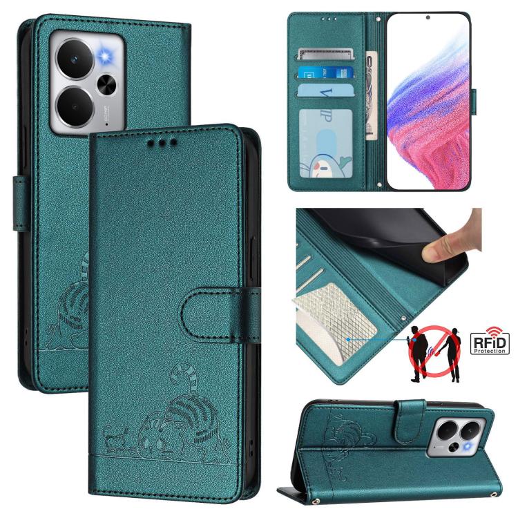 Cat Rat Embossed Pattern RFID Leather Phone Case with Lanyard, For Realme C71 4G Global, For Realme Neo7 Turbo 5G, For Realme V70 / 14x Global / C75 5G, For Realme Narzo 80 Pro / 14 Pro 5G India, For Realme 14 5G Global / P3 5G India                   ...