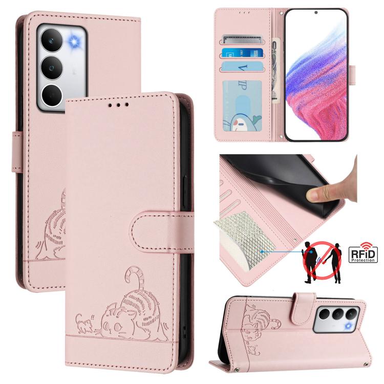 Cat Rat Embossed Pattern RFID Leather Phone Case with Lanyard, For Realme C71 4G Global, For Realme Neo7 Turbo 5G, For Realme V70 / 14x Global / C75 5G, For Realme Narzo 80 Pro / 14 Pro 5G India, For Realme 14 5G Global / P3 5G India                   ...