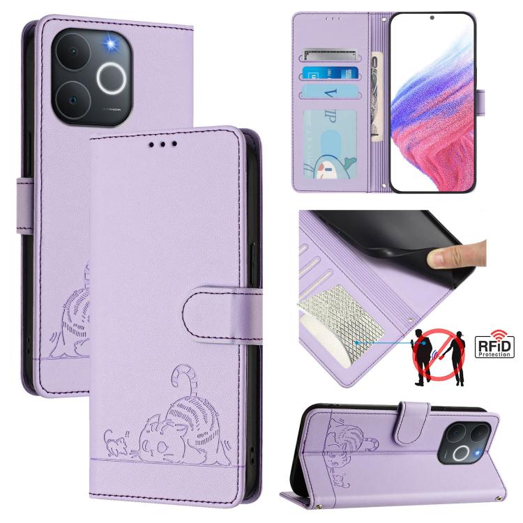 Cat Rat Embossed Pattern RFID Leather Phone Case with Lanyard, For Realme 16 Pro 5G Global, For Realme Note 70 4G / 70T 4G, For Realme C85 5G / 15x 5G India, For Realme P4 Pro 5G, For Realme P4 5G, For Realme 15T 5G Global, For Realme C71 4G India     ...