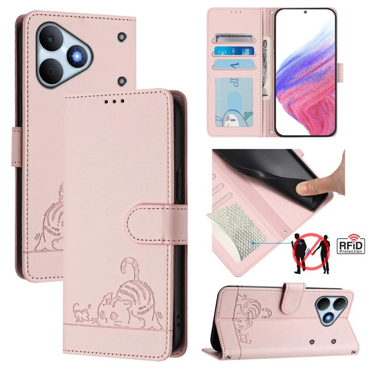 Cat Rat Embossed Pattern RFID Leather Phone Case with Lanyard, For Realme P4x 5G / OnePlus Nord CE6 Lite, For Realme 16T 5G Global, For Realme C100 5G / C85 5G Global, For Realme P4 Power 5G, For Realme Note 80 4G Global, For Realme C83 5G India / C85 ...