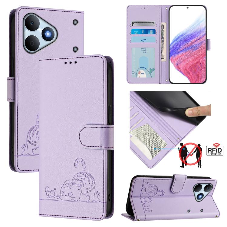 Cat Rat Embossed Pattern RFID Leather Phone Case with Lanyard, For Realme P4x 5G / OnePlus Nord CE6 Lite, For Realme 16T 5G Global, For Realme C100 5G / C85 5G Global, For Realme P4 Power 5G, For Realme Note 80 4G Global, For Realme C83 5G India / C85 ...