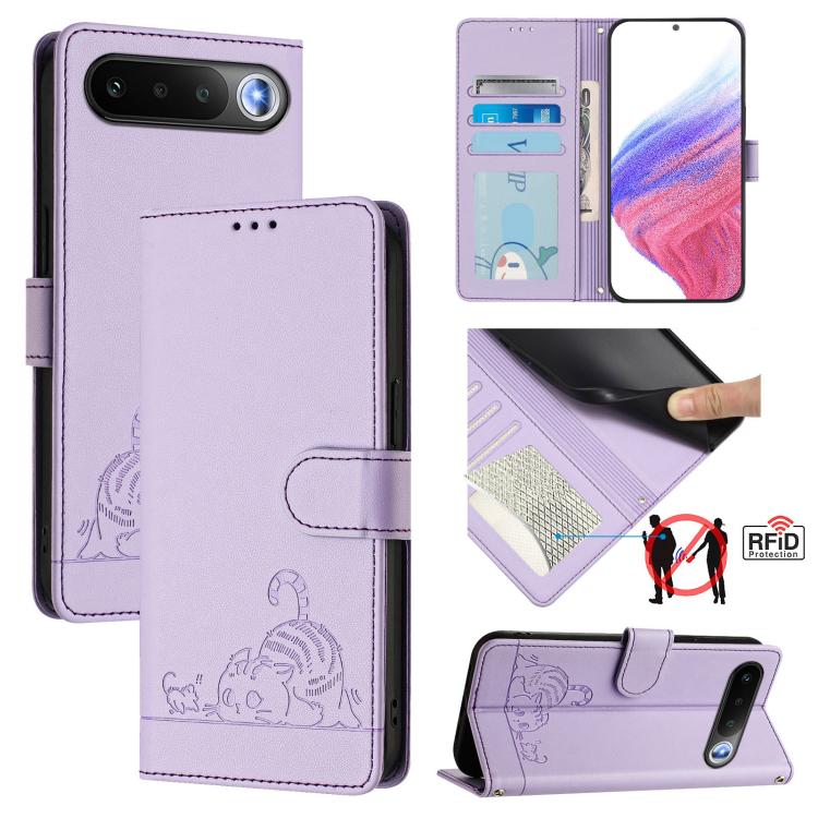 Cat Rat Embossed Pattern RFID Leather Phone Case with Lanyard, For Realme P4x 5G / OnePlus Nord CE6 Lite, For Realme 16T 5G Global, For Realme C100 5G / C85 5G Global, For Realme P4 Power 5G, For Realme Note 80 4G Global, For Realme C83 5G India / C85 ...