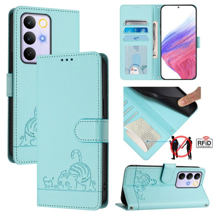 Cat Rat Embossed Pattern RFID Leather Phone Case with Lanyard, For Realme P4x 5G / OnePlus Nord CE6 Lite, For Realme 16T 5G Global, For Realme C100 5G / C85 5G Global, For Realme P4 Power 5G, For Realme Note 80 4G Global, For Realme C83 5G India / C85 ...