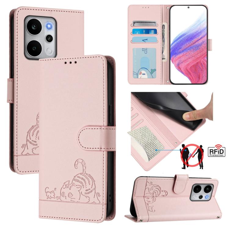 Cat Rat Embossed Pattern RFID Leather Phone Case with Lanyard, For Realme P4x 5G / OnePlus Nord CE6 Lite, For Realme 16T 5G Global, For Realme C100 5G / C85 5G Global, For Realme P4 Power 5G, For Realme Note 80 4G Global, For Realme C83 5G India / C85 ...
