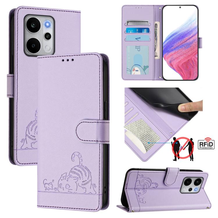 Cat Rat Embossed Pattern RFID Leather Phone Case with Lanyard, For Realme P4x 5G / OnePlus Nord CE6 Lite, For Realme 16T 5G Global, For Realme C100 5G / C85 5G Global, For Realme P4 Power 5G, For Realme Note 80 4G Global, For Realme C83 5G India / C85 ...