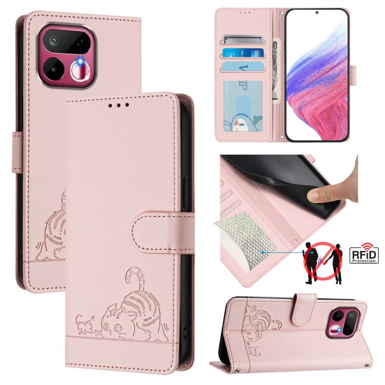 Cat Rat Embossed Pattern RFID Leather Phone Case with Lanyard, For Realme P4x 5G / OnePlus Nord CE6 Lite, For Realme 16T 5G Global, For Realme C100 5G / C85 5G Global, For Realme P4 Power 5G, For Realme Note 80 4G Global, For Realme C83 5G India / C85 ...