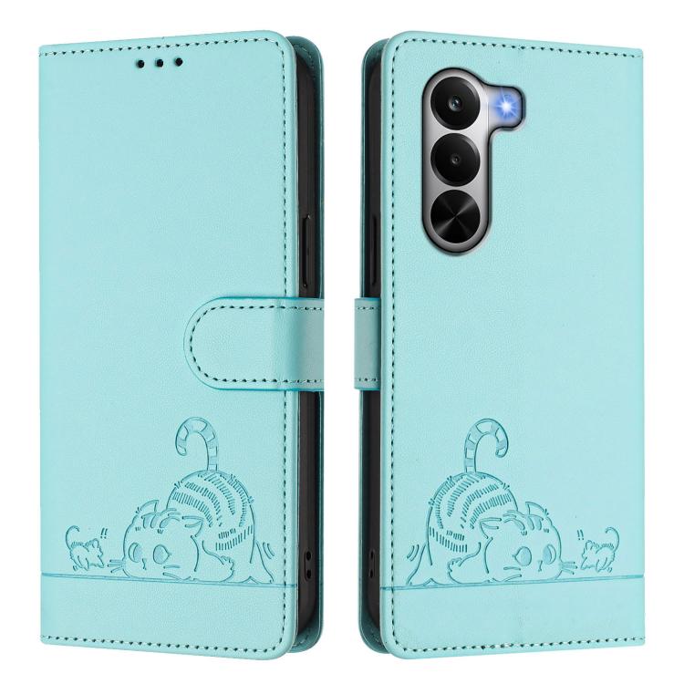 Cat Rat Embossed Pattern RFID Leather Phone Case with Lanyard, For Realme P4x 5G / OnePlus Nord CE6 Lite, For Realme 16T 5G Global, For Realme C100 5G / C85 5G Global, For Realme P4 Power 5G, For Realme Note 80 4G Global, For Realme C83 5G India / C85 ...