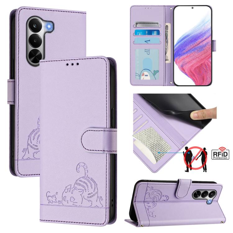 Cat Rat Embossed Pattern RFID Leather Phone Case with Lanyard, For Realme P4x 5G / OnePlus Nord CE6 Lite, For Realme 16T 5G Global, For Realme C100 5G / C85 5G Global, For Realme P4 Power 5G, For Realme Note 80 4G Global, For Realme C83 5G India / C85 ...